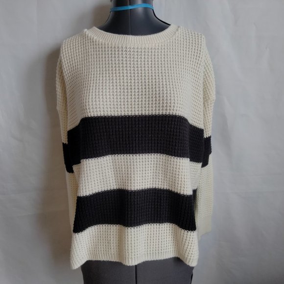 XXI Forever 21 Sweater Boxy Chunky Size S Black Off White Stripe Relaxed Cozy - Picture 14 of 14